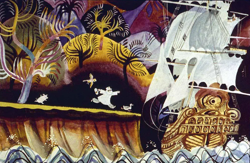 O ilustrație colorată cu peisaje tropicale, o navă pe apă și personaje care interacționează într-un cadru artistic.