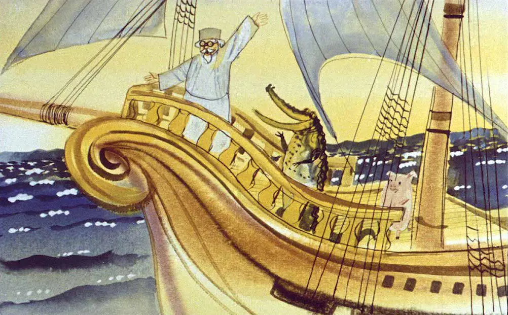 Ilustrație a unui bărbat pe o barcă, salutând, însoțit de un crocodil și un porc, în mijlocul mării.