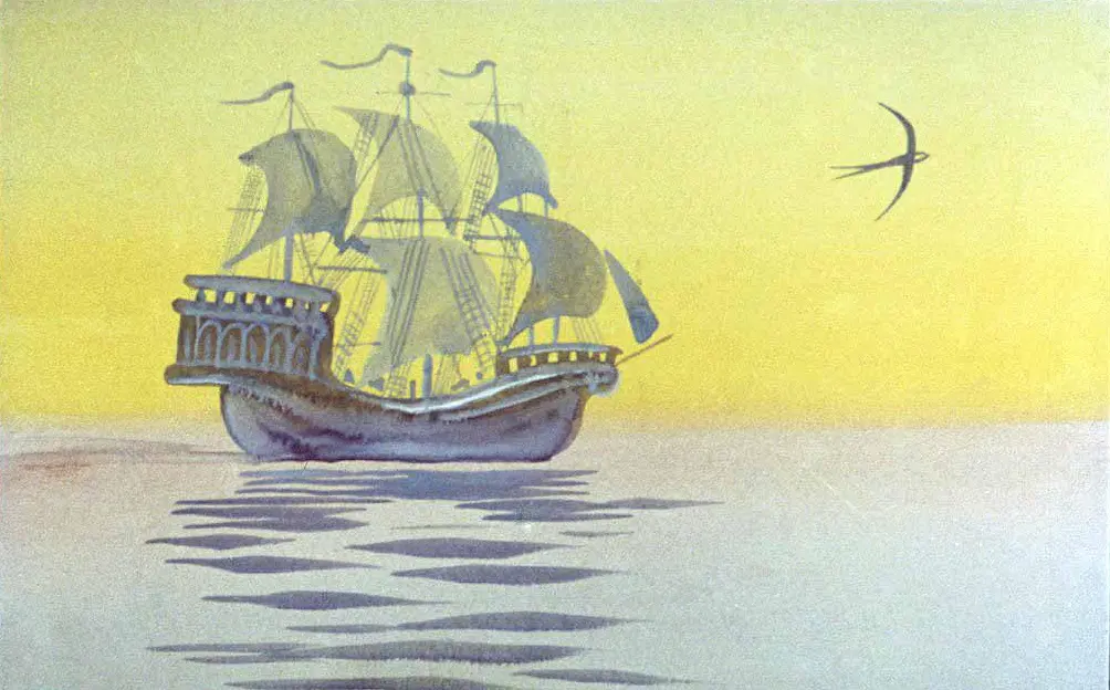 Imagine cu o corabie pe un fundal galben, cu cer senin și o pasăre în zbor.
