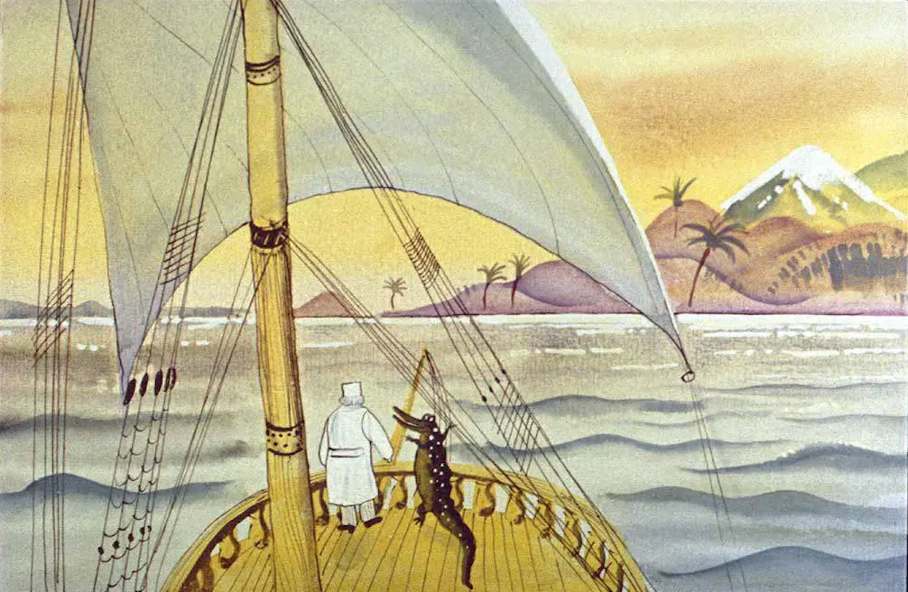 Ilustrație care prezintă o barcă cu vele pe mare, cu două personaje pe punte, unul îmbrăcat în alb și celălalt în negru, și peisaje cu palmieri și munți în fundal.