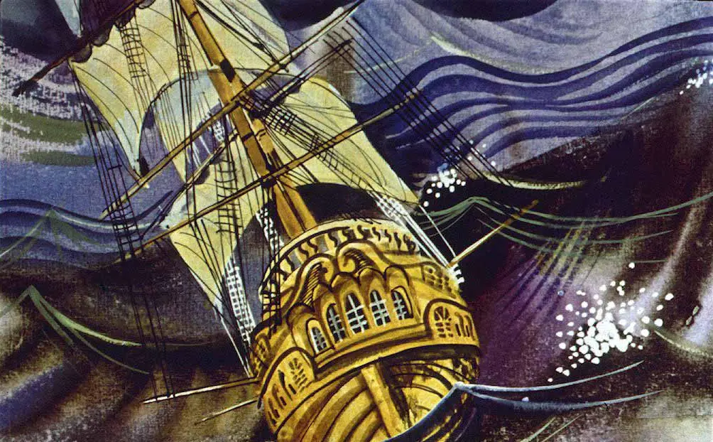 O imagine vibrantă a unui vas de epocă cu vele, navigând pe un ocean agitat, cu valuri colorate și spumă pe apă.