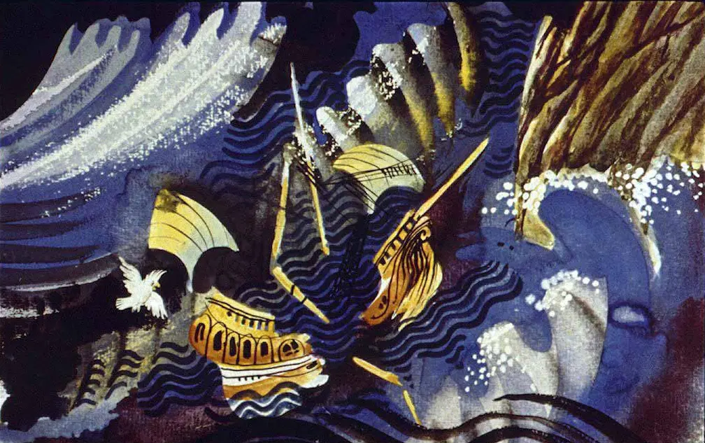 Ilustrație artistică cu nave pe valuri, într-un mediu oceanic agitat, evidențiind contrastul dintre culorile vibrante ale navelor și fundalul în mișcare.