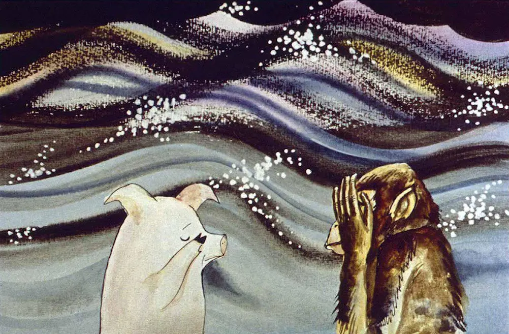 Ilustrație care prezintă un porc și o maimuță, într-un peisaj cu forme ondulate, sugerând o atmosferă contemplativă.