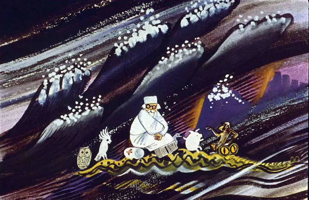 Imagine artistică cu un personaj care stă pe o platformă în mijlocul unor valuri, înconjurat de animale, inclusiv o bufniță și un iepure.