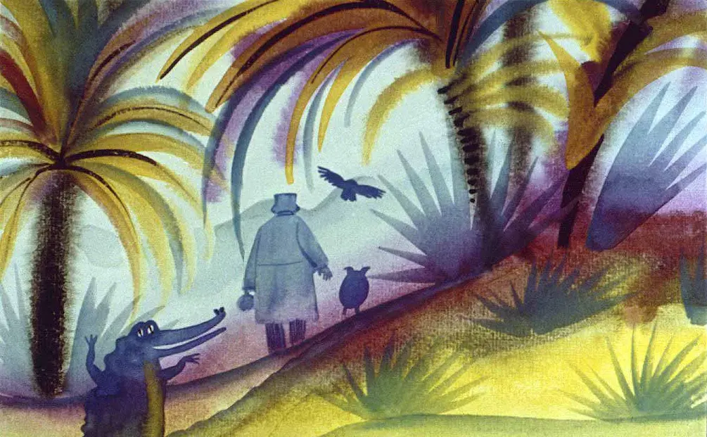 O ilustrație colorată care prezintă o scenă de natură cu palmieri, un bărbat îmbrăcat într-o haină lungă, un păun și un crocodil, cu un peisaj care sugerează o atmosferă tropicală.