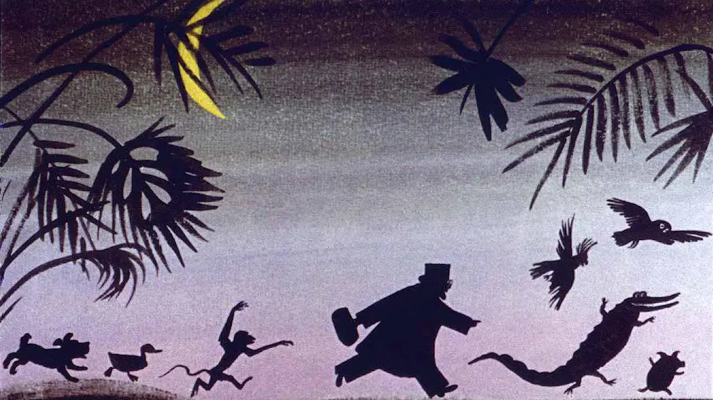 Silhouette scene depicting a person running with animals and birds in a tropical landscape.