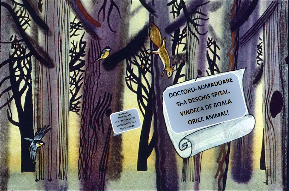 Ilustrație artistică cu un peisaj de pădure și animale, având un mesaj despre un doctor care a deschis un spital pentru a vindeca animale.