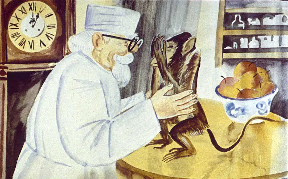 O ilustrație cu un bătrân cu mustață, purtând o uniformă albă și o bonetă, interacționând cu un maimuțoi, într-o cameră cu o masă rotundă și un bol cu fructe, pe fundalul unui ceas.