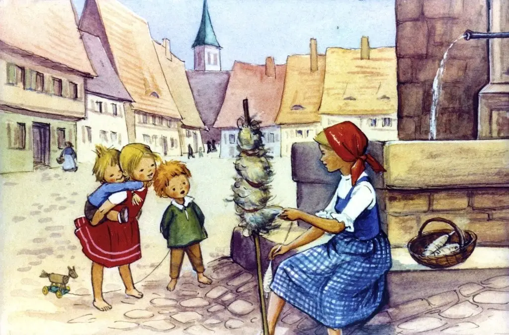 Fată care se apleacă lângă fântână