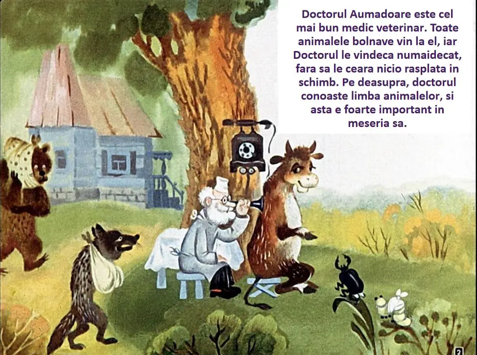 Ilustratie cu doctorul Aumadoare care consulta un animal, inconjurat de alte animale, in fata unei case la tara.