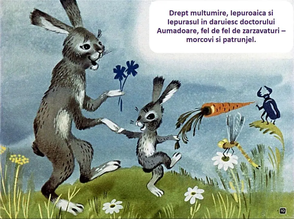 Ilustrație cu iepuri care oferă flori și legume unui doctor.