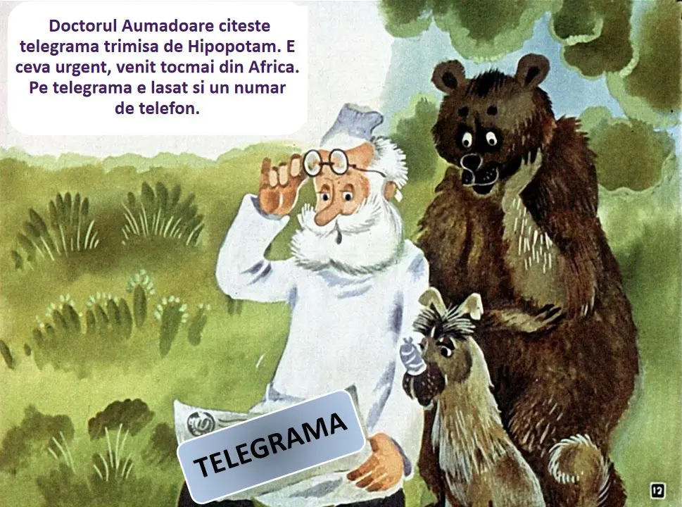 Ilustrație cu doctorul Aumaatoare citind o telegramă, înconjurat de un urs și un măgar.