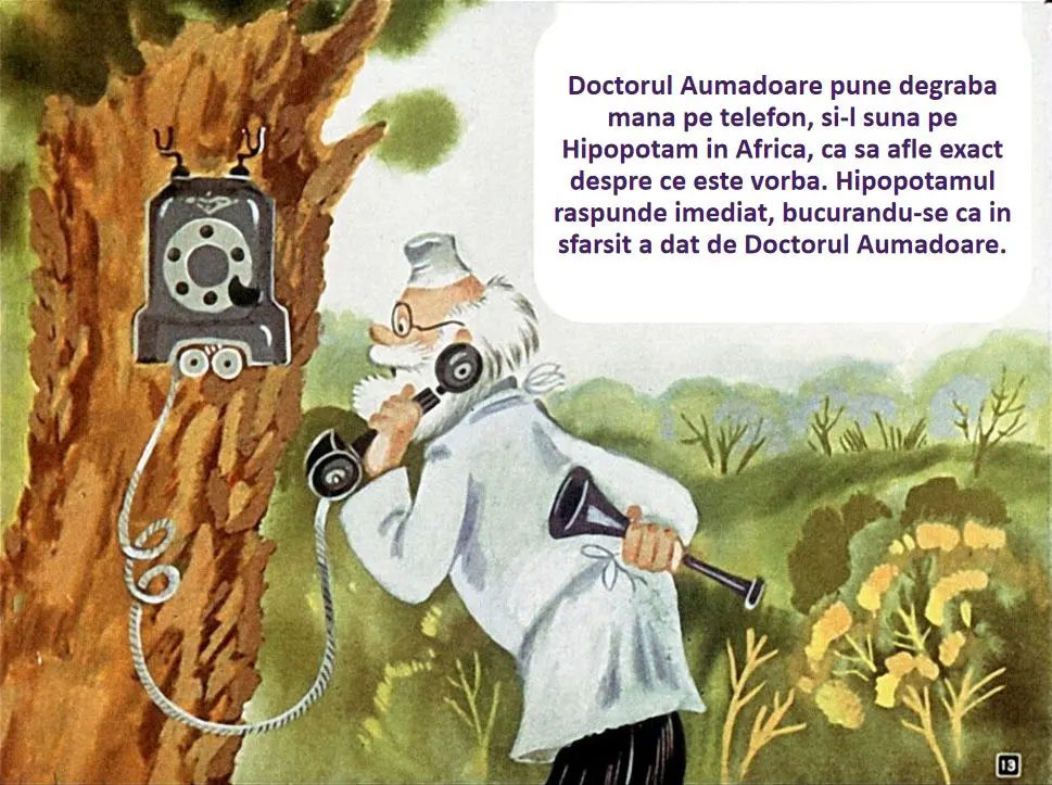 Imaginea ilustrează un doctor care folosește un telefon fix pentru a suna un hipopotam în Africa.
