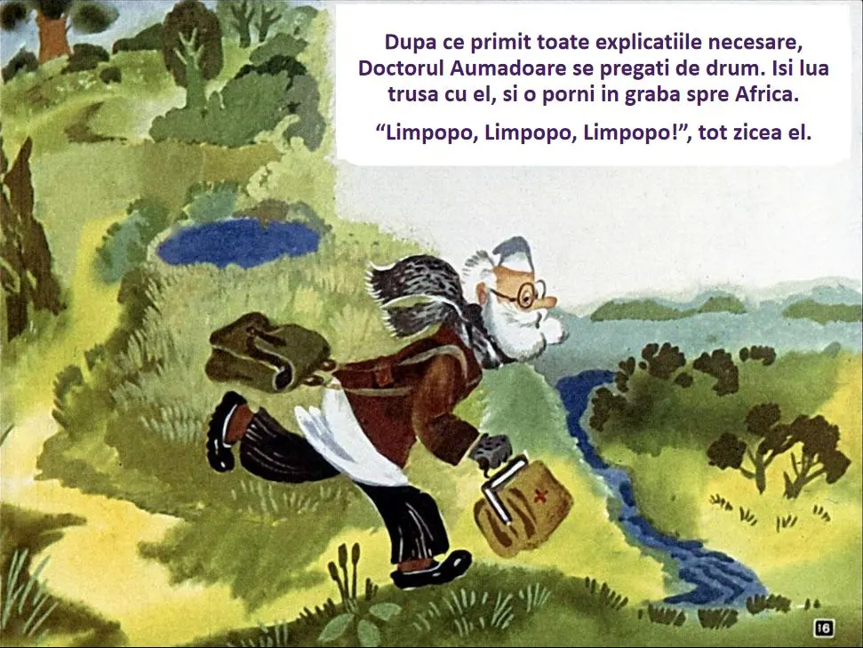 Ilustrație cu un doctor care aleargă pe un drum, purtând o trusă de medicină, în fundal cu peisaje naturale, acompaniat de un text descriptiv.