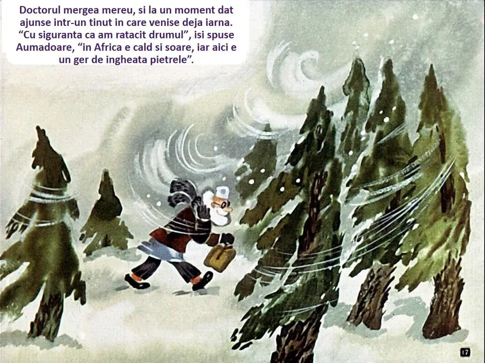 Ilustratie cu un doctor care merge printr-o padure de brazi acoperita de zapada, dialogand despre diferentele dintre clima din Africa si cea din zona in care se afla.