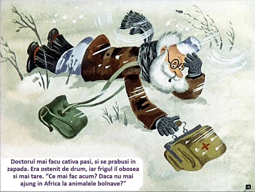 O imagine cu un doctor prăbușit în zăpadă, privind gânditor, cu o geantă de prim ajutor lângă el, reflectând despre misiunea sa în Africa.
