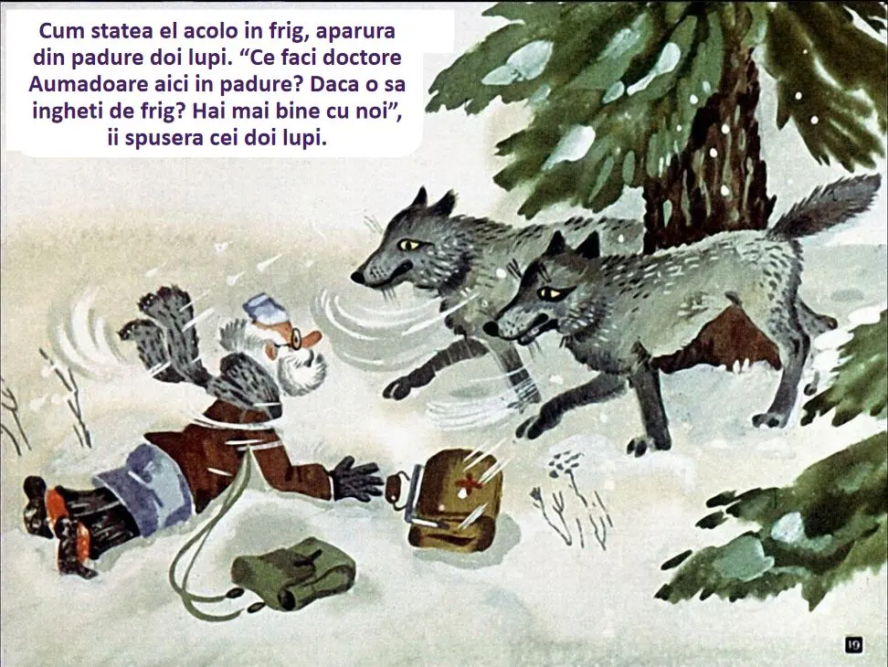Ilustrație cu un om căzut în zăpadă, înconjurat de doi lupi care discută cu el.