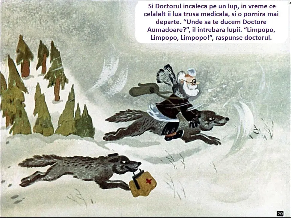 Ilustrație cu un doctor călărind un lup, îndrumat de alți lupi într-un peisaj de iarnă, cu text explicativ.