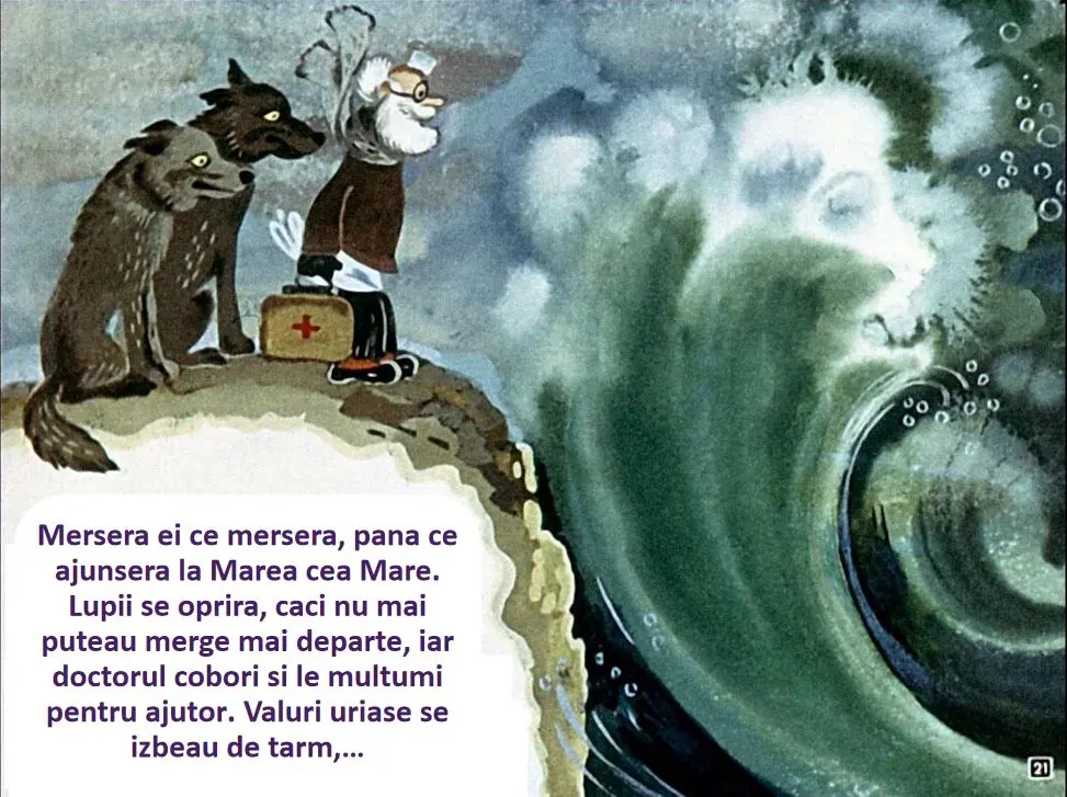 Ilustrație cu un doctor și doi lupi pe o stâncă, în fața unui val mare, simbolizând aventura și ajutorul în momente de dificultate.