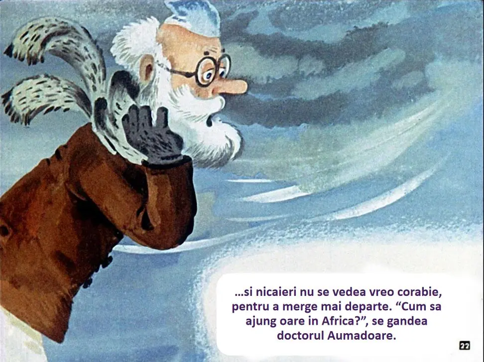 Ilustrație cu un bărbat cu păr alb și pălărie, îmbrăcat într-o haina maro, gândindu-se la viajarile sale, cu un peisaj de vânt în fundal.