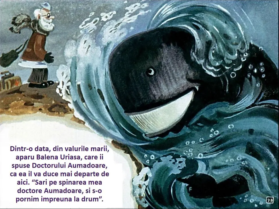 Ilustrație cu o balenă uriașă ieșind din mare, vorbind cu un doctor și sugerând să călărească pe spatele ei.