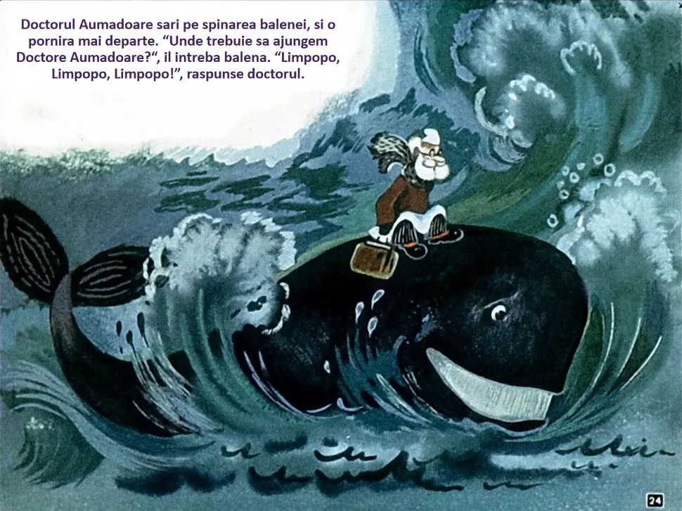 Ilustrație cu un doctor pe spatele unei balene într-o mare agitată, discutând despre destinația lor.