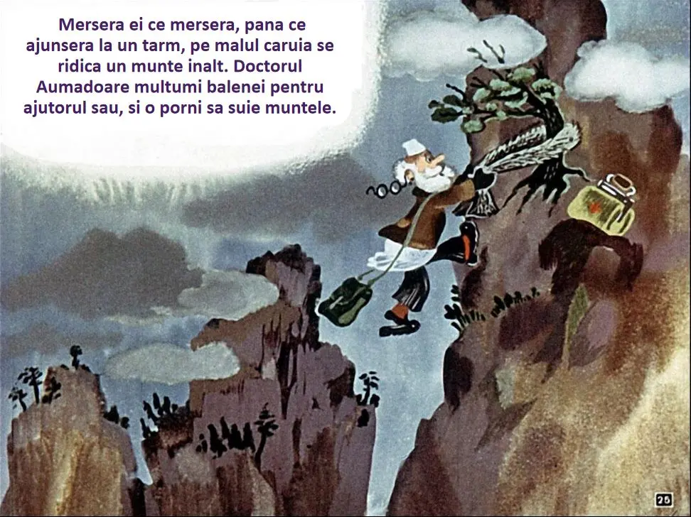 Ilustratie care ilustreaza un personaj pe o stanca, in mijlocul unei peisaje montane, purtand o geanta si avand o stanca in mana.