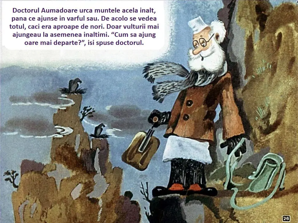 Ilustrație cu un doctor pe o stâncă înaltă, contemplând peisajul din jur.