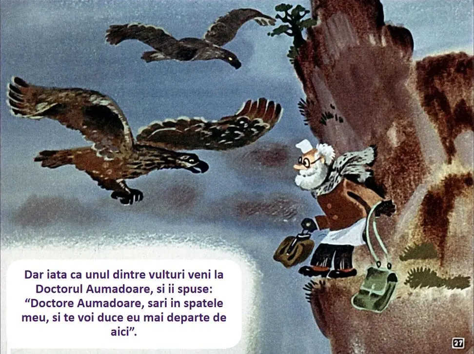 Ilustratie cu un doctor si vulturi, insotita de un text narativ.