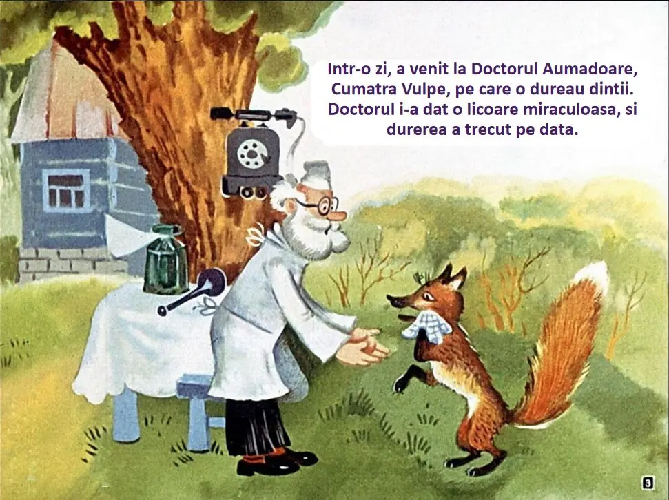 Ilustratie cu un doctor si o vulpe, doctorul oferind ajutor vulpii care se confrunta cu probleme dentare.