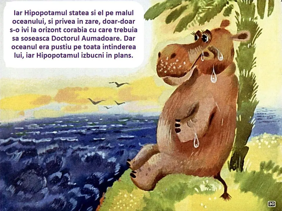 Ilustrație cu un hipopotam trist pe malul oceanului, privind spre orizont.