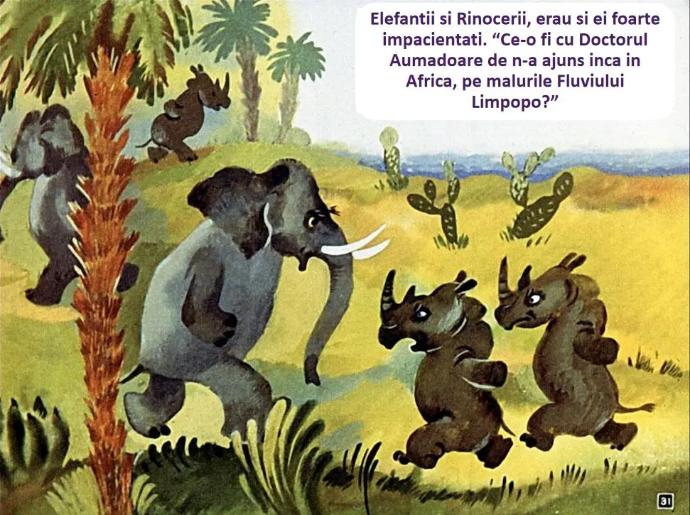 Ilustratie cu un elefant si doi rinoceri intr-un peisaj african, discutand despre un doctor.