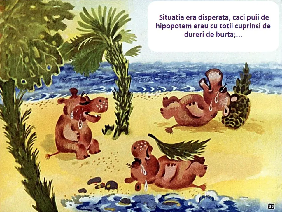 Ilustrație cu trei pui de hipopotam pe plajă, arătând îngrijorați, iar în fundal se văd plante și apă.