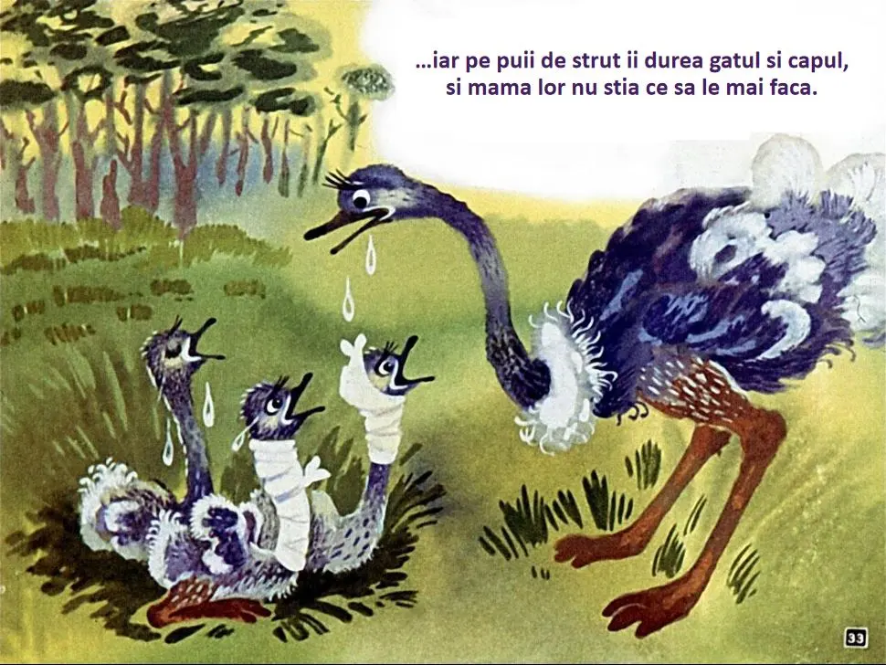 Ilustrație colorată cu struți, reprezentând o mamă strut și puii săi care au dureri.