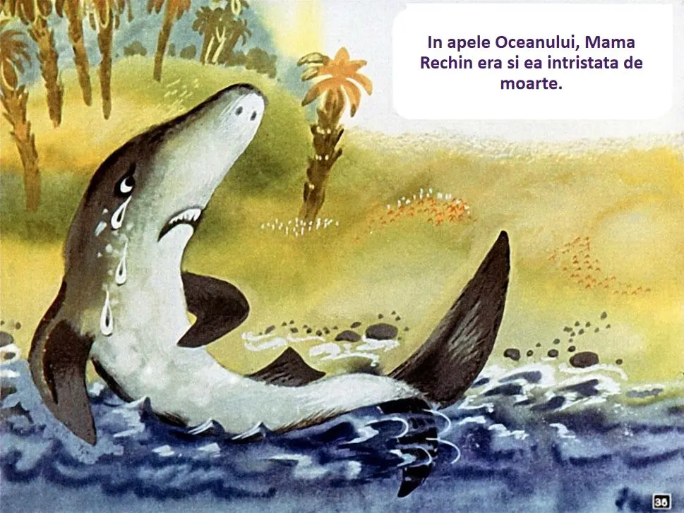 Ilustrație cu un rechin trist în ape, alături de textul care descrie starea mamei rechin.