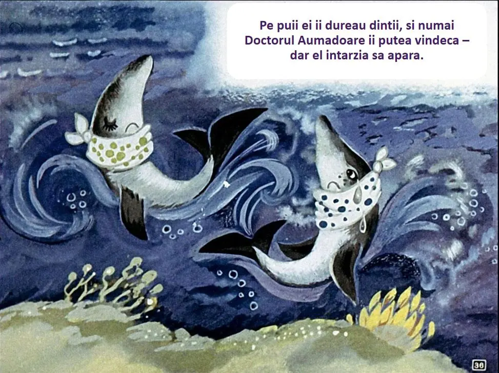 Două personaje marine înotând, cu un text descriptiv despre durerea de dinți și un doctor care poate oferi ajutor.