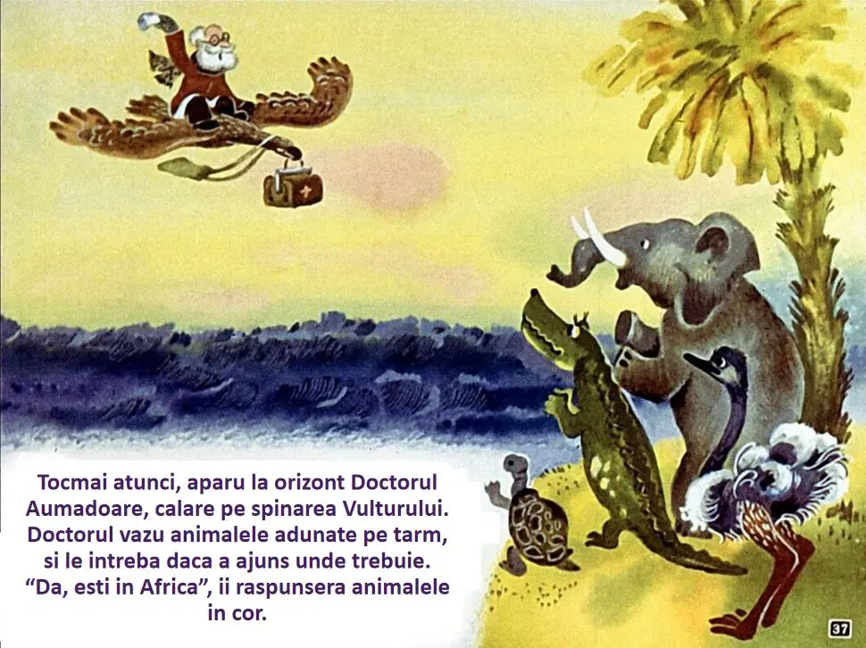 Ilustrație cu Doctorul Aumadoare călăreț pe un vultur, apropiindu-se de un grup de animale pe malul mării, cu un fundal tropical.