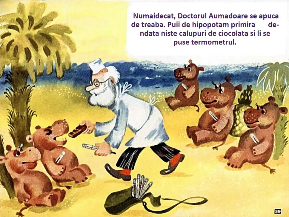 Ilustrație colorată cu un doctor care examinează pui de hipopotam pe plajă.