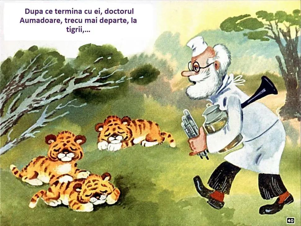 Ilustratie cu un doctor care se indreapta spre tigri intr-un peisaj natural.