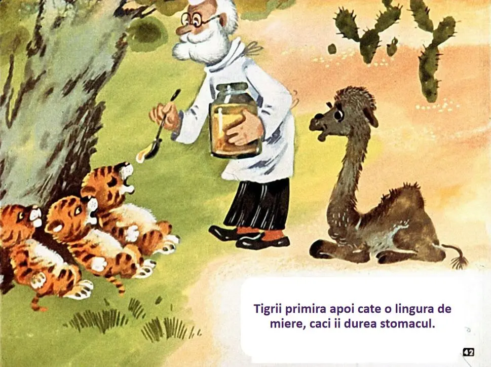 Imagine ilustrativă cu un medic care oferă miere unor tigri, în contextul unei povești pentru copii.
