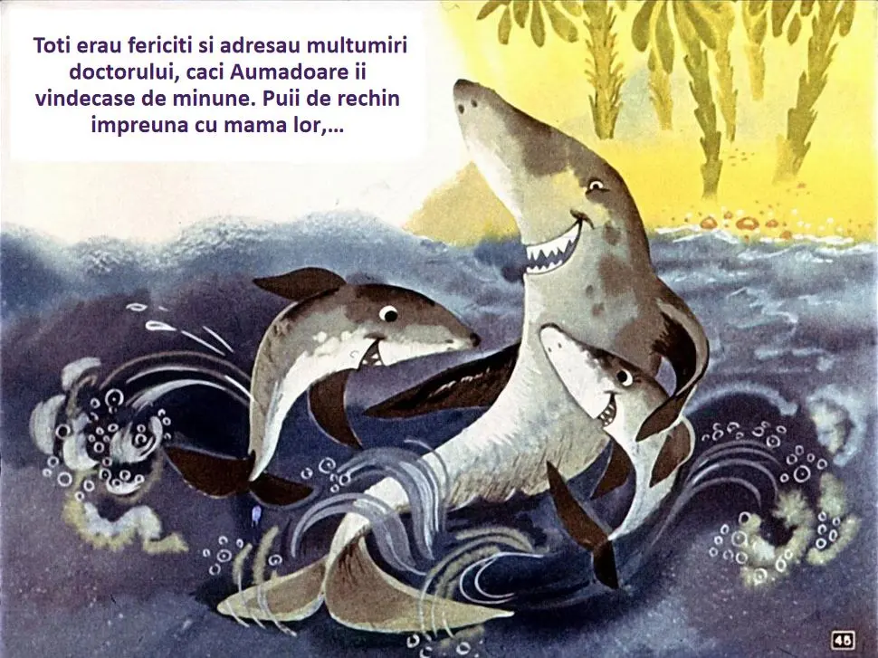 Ilustrație cu rechini și delfini în apă, veselie și recunoștință pentru un doctor.