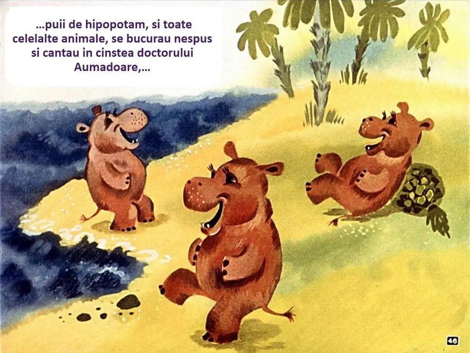 Ilustrație cu hipopotami care se bucură și cântă pe o plajă.