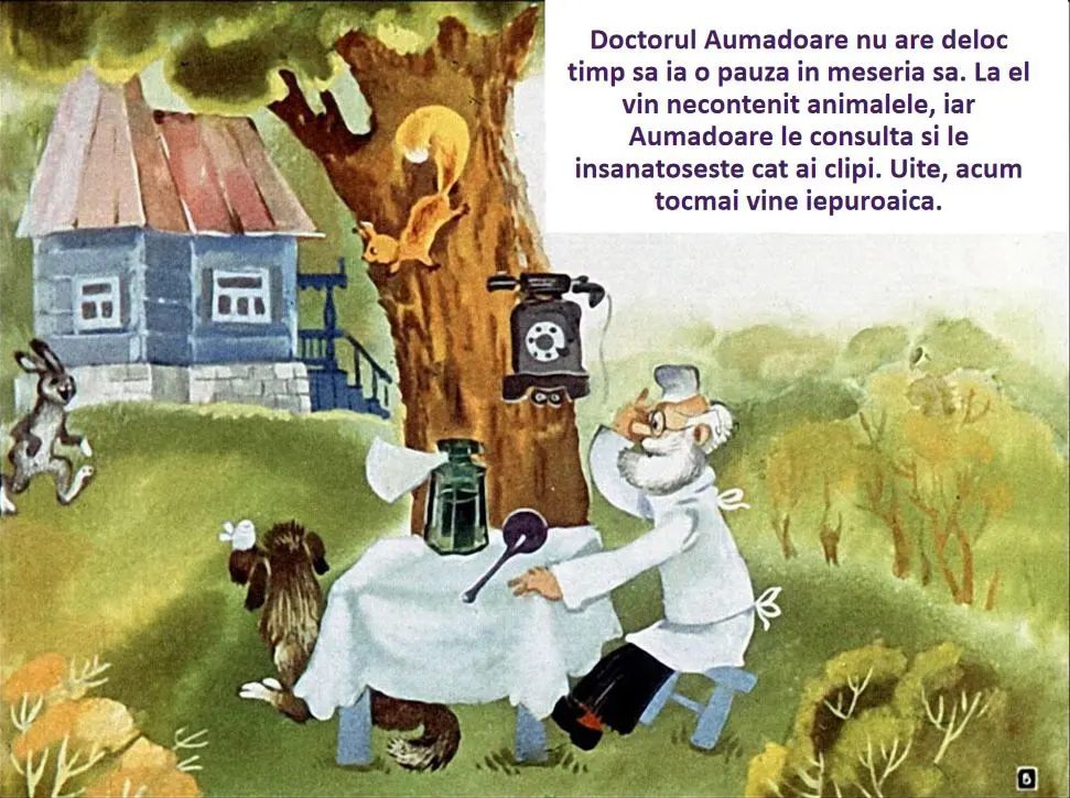 Ilustrație cu un doctor bătrân consultând animale în natură.