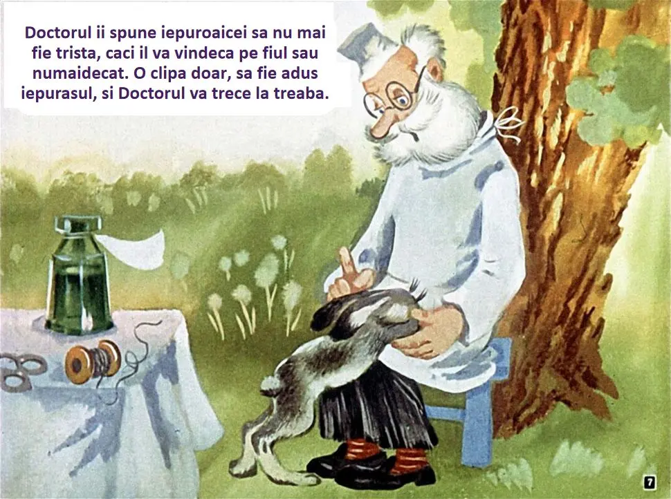Ilustrație a unui doctor care vorbește cu o iepuroaică, asigurându-se că fiul ei va fi vindecat.
