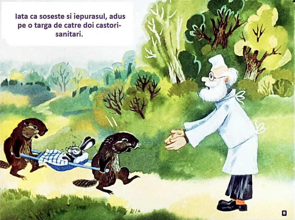 Ilustrație colorată cu un iepure adus pe o targă de două castori către un doctor.