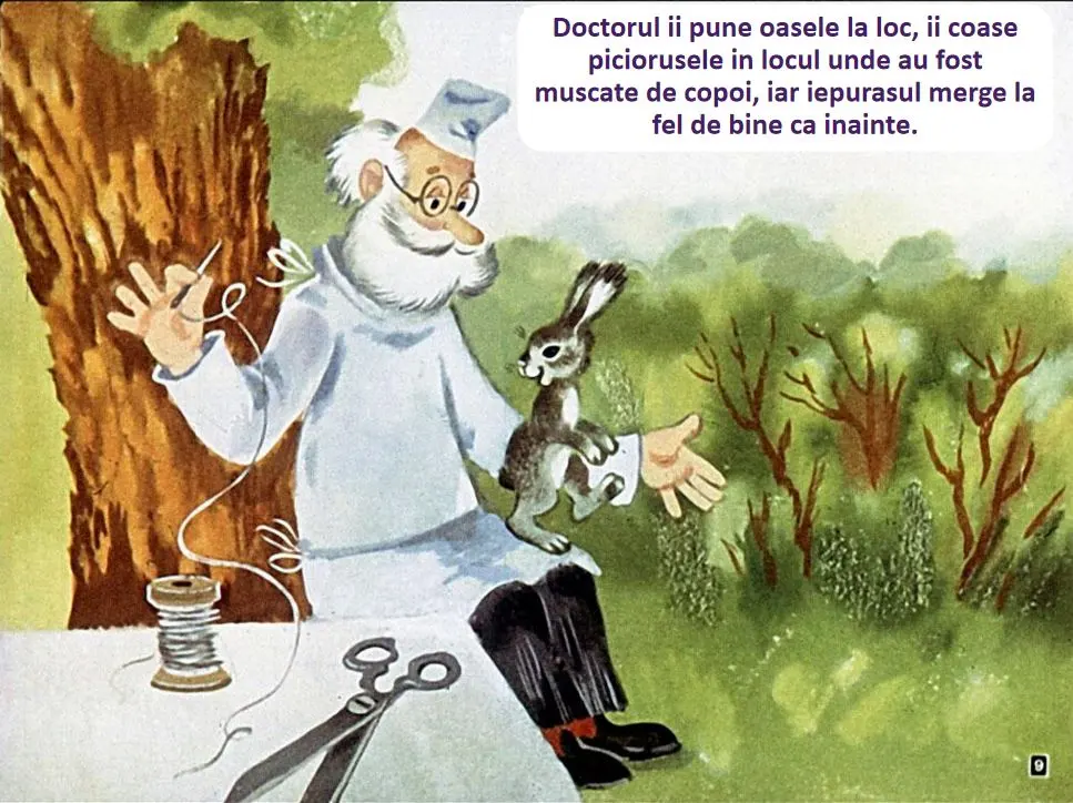 Ilustrație cu un doctor care ajută un iepuraș, realizată în stil vesel și colorat.