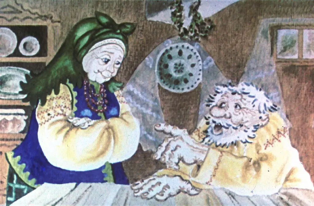 O ilustrare a două personaje de poveste, un bătrân cu barbă albă și o bătrână, într-o cameră de poveste.