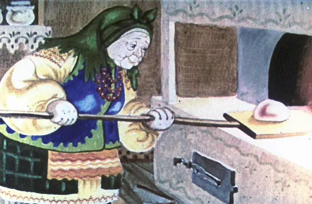 O femeie în tradițională îmbrăcăminte, folosind o lopată pentru a scoate o pâine din cuptor.