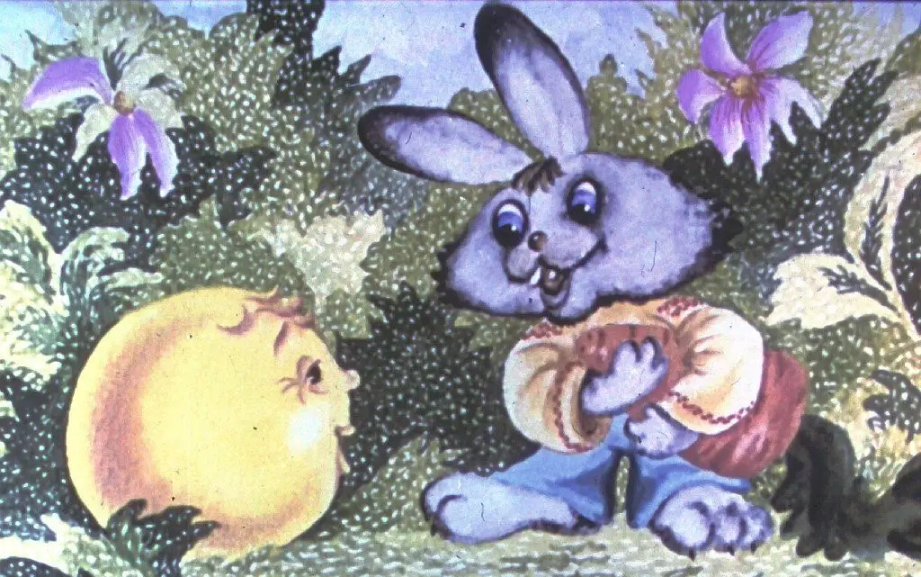 Ilustrație colorată cu un iepuraș și o bilă galbenă, într-un peisaj plin de plante și flori.