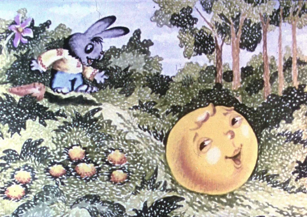 O ilustrație colorată cu un iepure și un soare zâmbitor într-un peisaj natural.